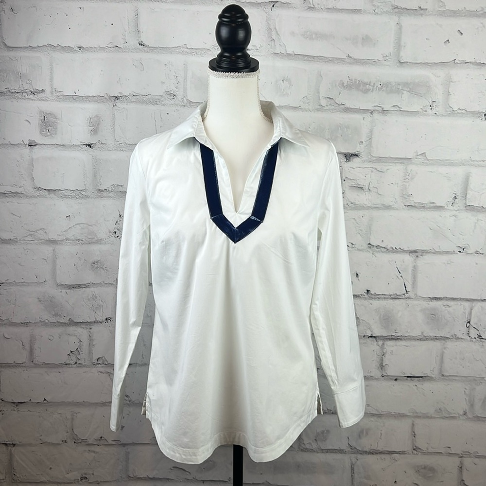Vineyard Vines Velvet Trim Popover Long Sleeve V-Neck Top Blouse White Blue
